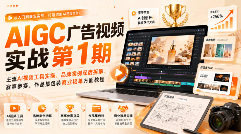 AIGC广告视频实战第1期，主流AI视频工具实操、品牌案例深度拆解、赛事参赛、作品集包装商业接单方面教程-课程网