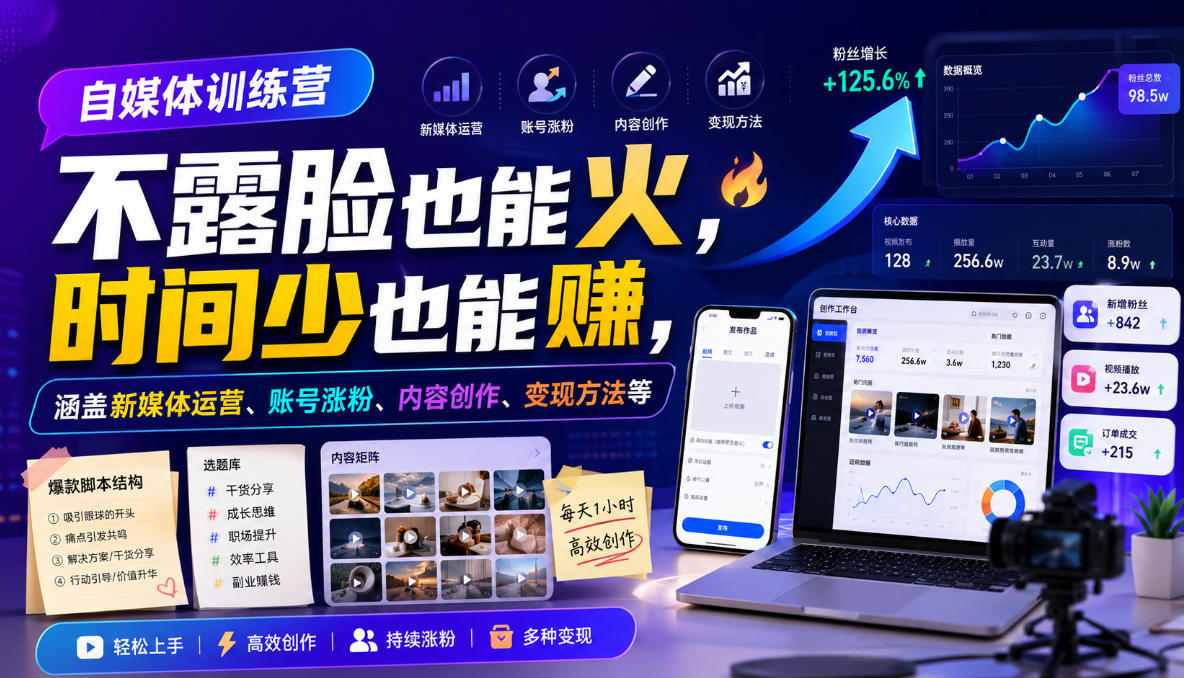 自媒体训练营，不露脸也能火，时间少也能賺，涵盖新媒体运营、账号涨粉、内容创作、变现方法等-课程网