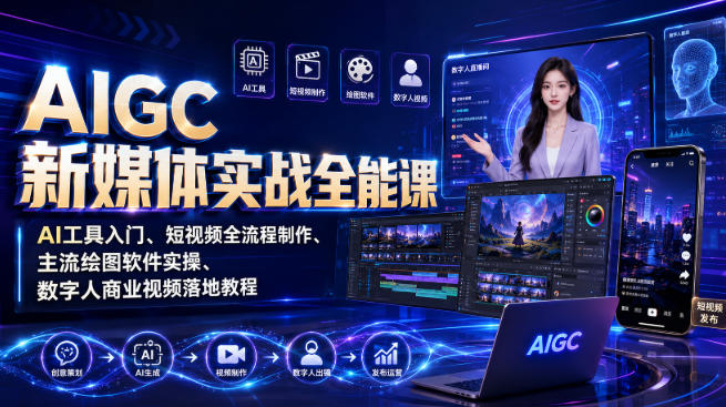 AIGC新媒体实战全能课｜AI工具入门、短视频全流程制作、主流绘图软件实操、数字人商业视频落地教程-课程网