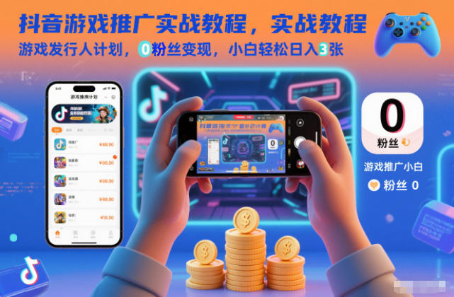 抖音游戏推广实战教程，游戏发行人计划，0粉丝变现，小白轻松日入3张-课程网