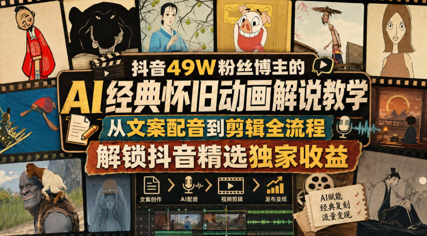 抖音49W粉丝博主的AI经典怀旧动画解说教学，从文案配音到剪辑全流程，解锁抖音精选独家收益-课程网