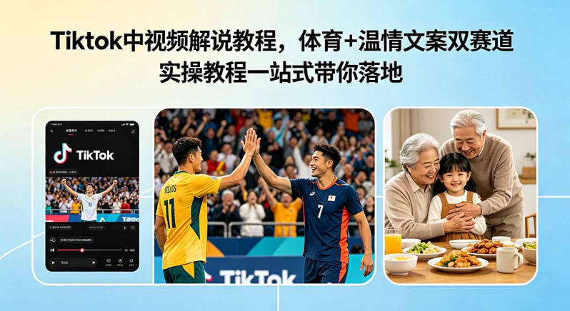 Tiktok中视频解说教程，体育+温情文案双赛道实操教程一站式带你落地，教你出海賺美刀-课程网
