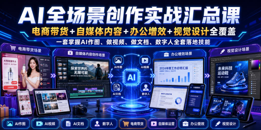 AI全场景创作实战汇总课｜电商带货+自媒体内容+办公增效+视觉设计全覆盖，一套掌握AI作图、做视频、做文档、数字人全套落地技能-课程网