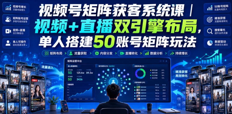 视频号矩阵获客系统课｜视频+直播双引擎布局，单人搭建50账号矩阵玩法，流量入池、搜索占位、全域引流沉淀私域全流程教学-课程网