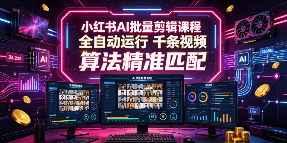 小红书AI批量剪辑课程，24小时全自动运行，解放双手专注运营，千条视频批量处理，小红书算法精准匹配-课程网