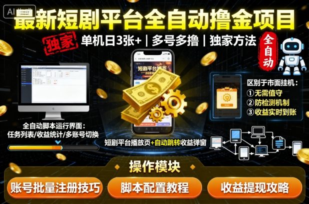 最新短剧平台全自动挂G撸金项目，单机一天3张+，多号多撸，区别于市面所有挂机项目，独家方法【揭秘】-课程网