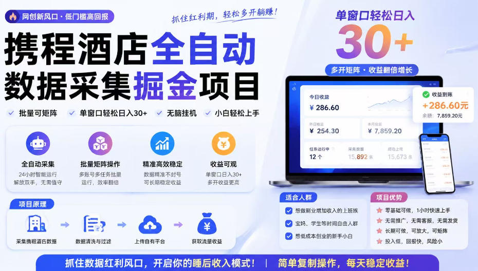携程酒店采集挂G项目，批量可矩阵，单机轻松日入300+，开启你的睡后收入模式!【揭秘】-课程网