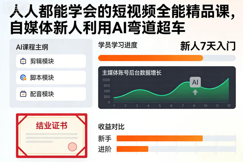 人人都能学会的短视频全能精品课，自媒体新人利用AI弯道超车-课程网