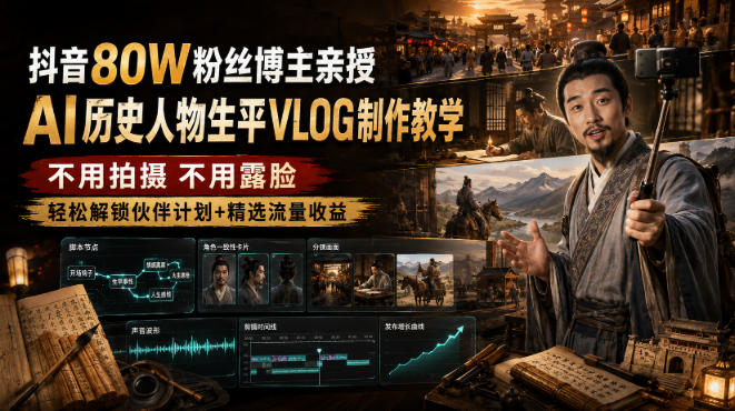 抖音80W粉丝博主的AI历史人物生平VLOG教学，不用拍摄不用露脸，AI帮你搞定，轻松解锁伙伴计划+精选收益-课程网
