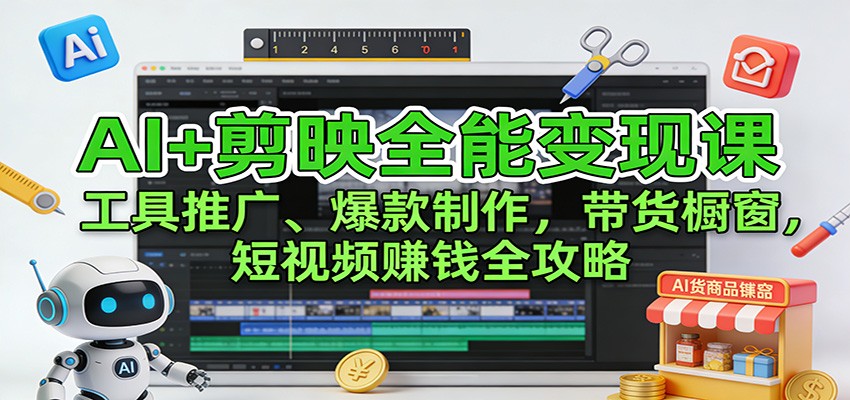 AI+剪映全能变现课：工具推广、爆款制作、带货橱窗，短视频赚钱全攻略-课程网
