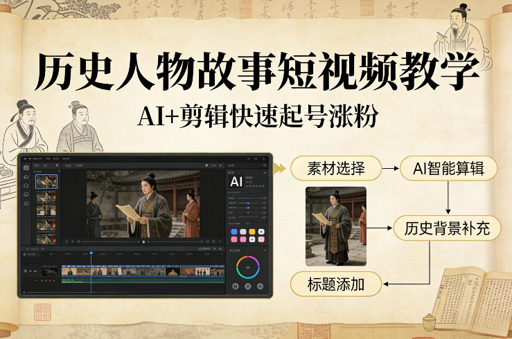 历史人物故事短视频教学，AI+剪辑制作历史人物题材短视频，快速起号涨粉-课程网