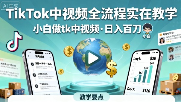 TikTok中视频全流程实操教学，小白做tk中视频，日入百刀-课程网