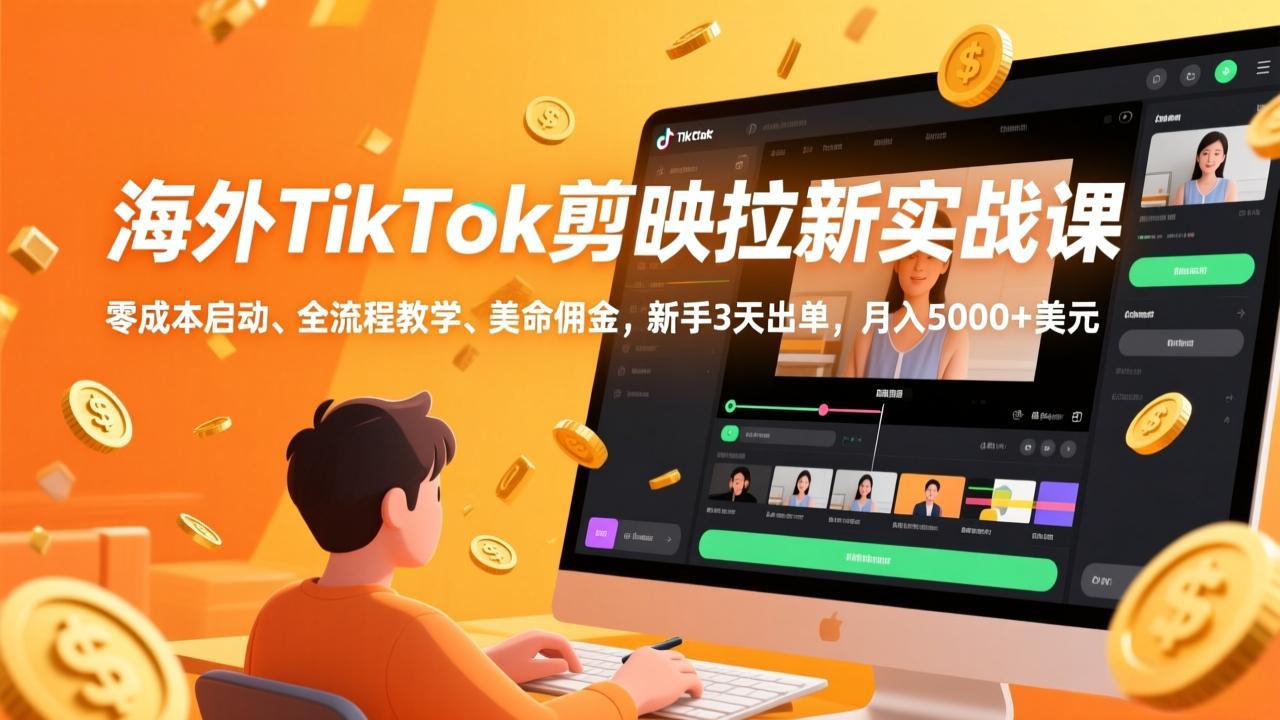海外TikTok剪映拉新实战课，零成本启动、全流程教学、美金佣金，新手3天出单，月入5000+美元-课程网