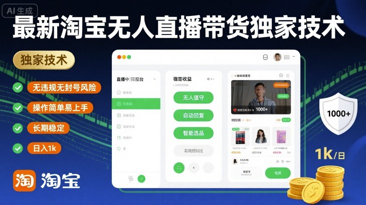 最新淘宝无人直播带货独家技术，无违规无封号风险，操作简单易上手，长期稳定日入1k【揭秘】-课程网