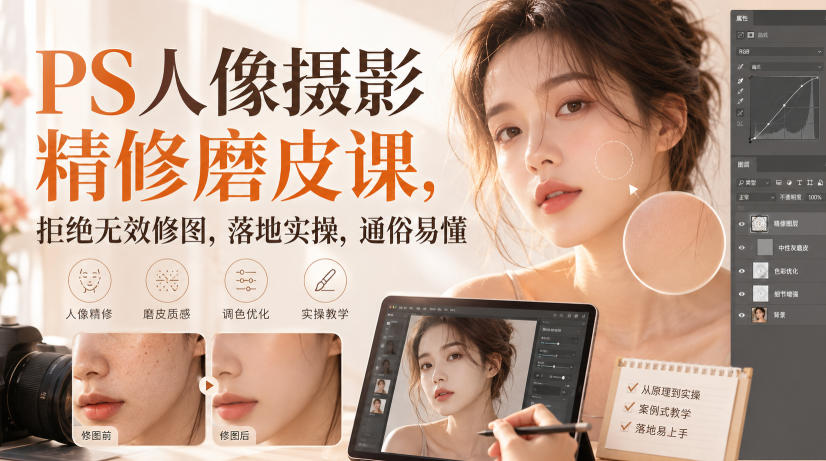 PS人像摄影精修磨皮课,拒绝无效修图,落地实操,通俗易懂 PS人像摄影精修磨皮课,拒绝无效修图,落地实操,通俗易懂