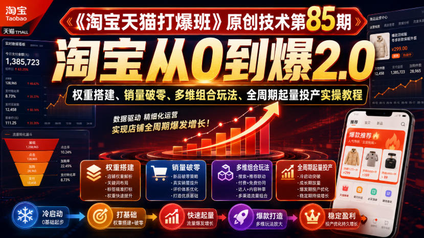 《淘宝天猫打爆班》原创技术第85期，淘宝从0到爆2.0，权重搭建、销量破零、多维组合玩法、全周期起量投产实操教程-课程网