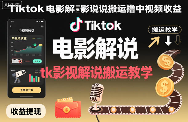 Tiktok电影解说搬运撸中视频收益，tk影视解说搬运教学-课程网