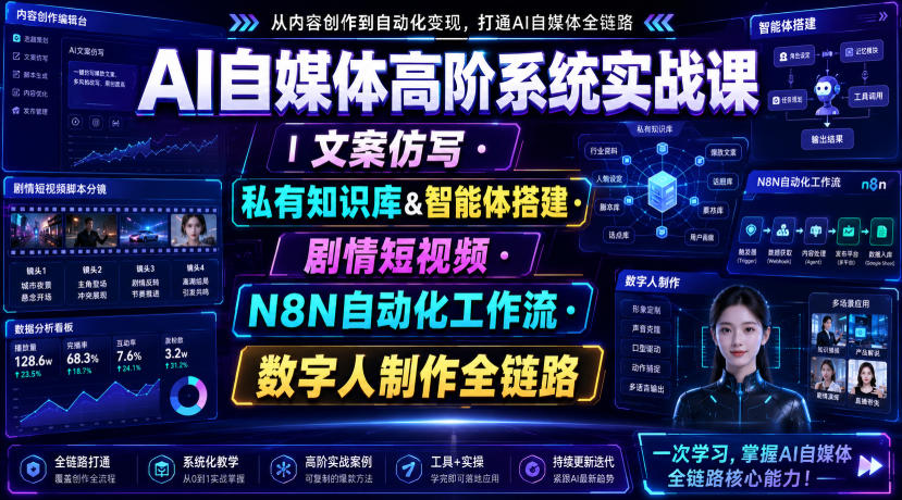 AI自媒体高阶系统实战课｜文案仿写・私有知识库&智能体搭建・剧情短视频・N8N自动化工作流・数字人制作全链路-课程网