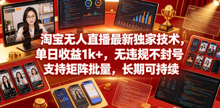 淘宝无人直播最新独家技术，单日收益1k+，无违规不封号，支持矩阵批量，长期可持续【揭秘】-课程网