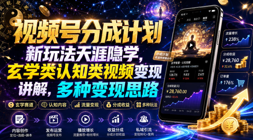 视频号分成计划新玩法天涯隐学，玄学类认知类视频变现讲解，多种变现思路-课程网