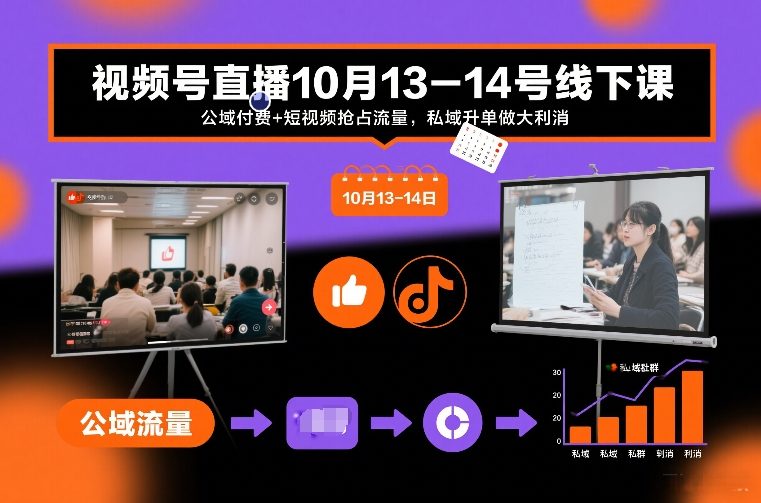 视频号直播10月13-14号线下课，公域付费+短视频抢占流量，私域升单做大利消-课程网