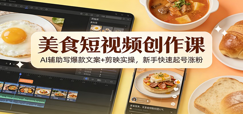 美食短视频创作课：AI辅助写爆款文案+剪映实操，新手快速起号涨粉-课程网