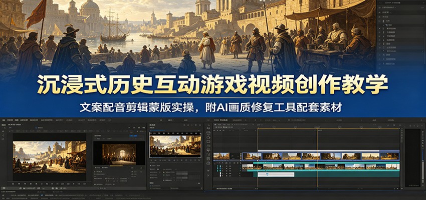 沉浸式历史互动游戏视频创作教学：文案配音剪辑蒙版实操，附AI画质修复工具配套素材-课程网