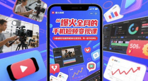 爆火全网的手机短视频变现课，0基础教你拍摄剪辑涨粉运营变现，用一部手机挣钱-课程网