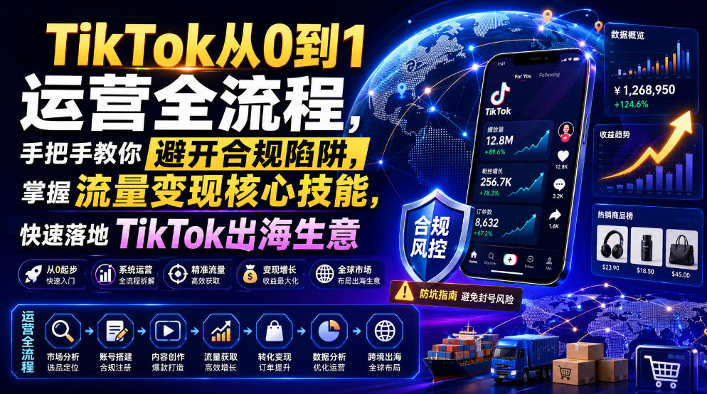 TikTok从0到1运营全流程，手把手教你避开合规陷阱，掌握流量变现核心技能，快速落地TikTok出海生意（更新8月）-课程网