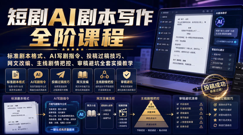 短剧AI剧本写作全阶课程｜标准剧本格式、AI写剧指令、投稿过稿技巧、网文改编、主线剧情把控、审稿避坑全套实操教学-课程网