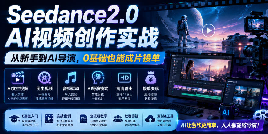 Seedance2.0 AI视频创作实战，从新手到AI导演，0基础也能成片接单变现-课程网
