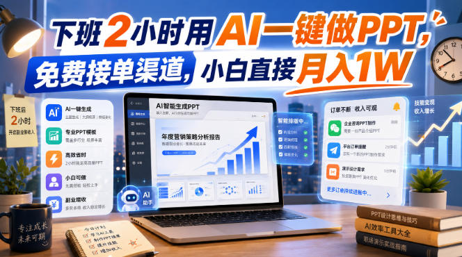 下班2小时用AI一键做PPT，免费接单渠道，小白直接月入1W【揭秘】-课程网