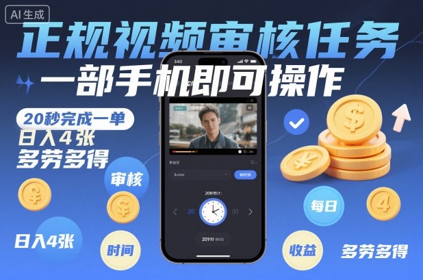 正规视频审核任务，一部手机即可操作，20秒完成一单，日入4张，多劳多得【揭秘】-课程网