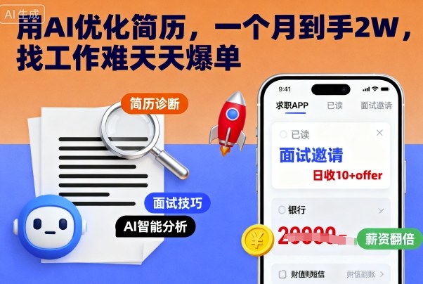 用AI优化简历，一个月到手2W，找工作难天天爆单-课程网