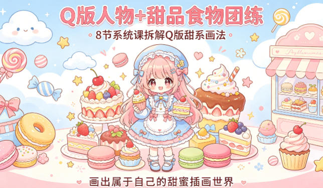 Q版人物+甜品食物团练，8节系统课拆解Q版甜系画法，画出属于自己的甜蜜插画世界-课程网