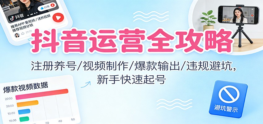 抖音运营全攻略：注册养号/视频制作/爆款输出/违规避坑，新手快速起号-课程网