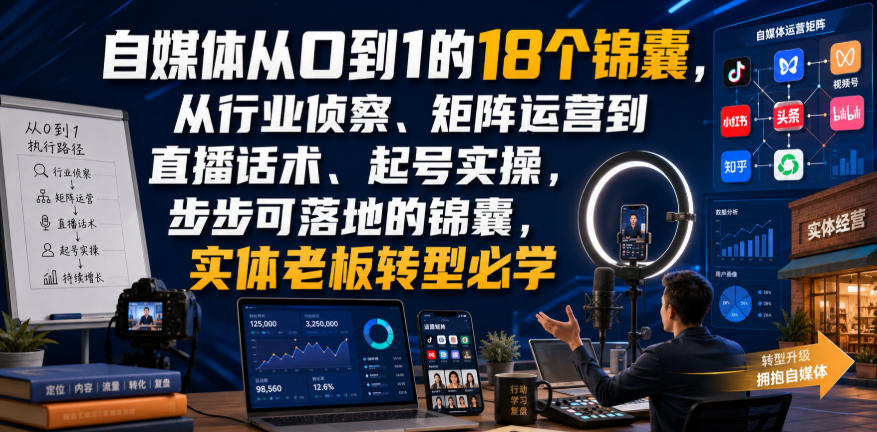 自媒体从0到1的18个锦囊，从行业侦察、矩阵运营到直播话术、起号实操，步步可落地的锦囊，实体老板转型必学-课程网