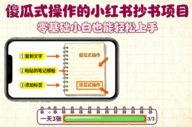 傻瓜式操作的小红书抄书项目，会复制粘贴就行，零基础小白也能一天3张-课程网