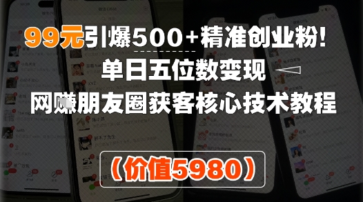 99元引爆500+精准创业粉！单日五位数变现，网创朋友圈获客核心技术教程-课程网