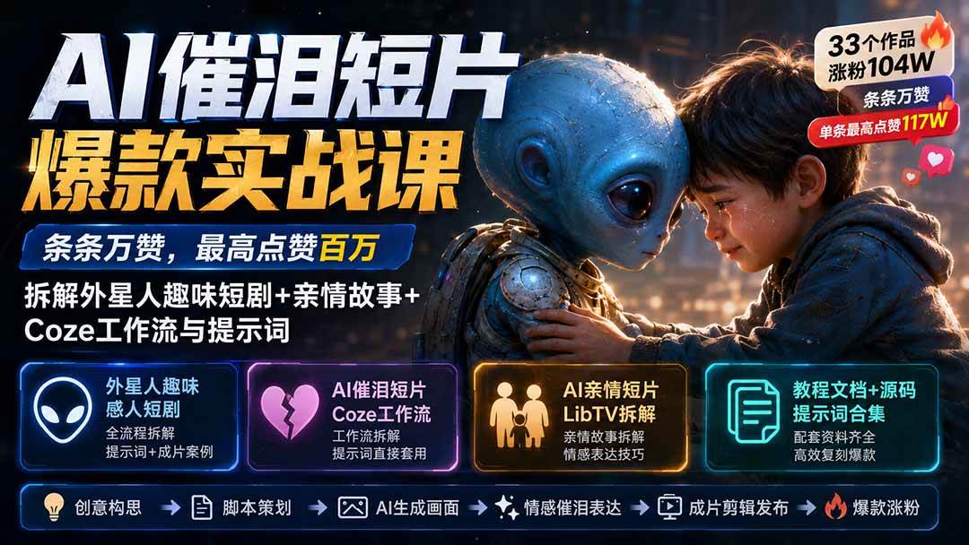 （20038期）AI催泪短片爆款实战课：条条万赞，最高点赞百万，拆解外星人趣味短剧+亲情故事+Coze工作流与提示词-课程网