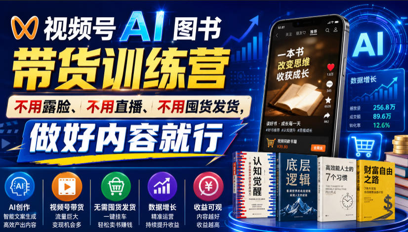 视频号AI图书带货训练营，不用露脸、不用直播、不用囤货发货，做好内容就行，一条爆款视频佣金8942-课程网