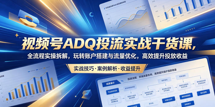 视频号ADQ投流实战干货课，全流程实操拆解，玩转账户搭建与流量优化，高效提升投放收益-课程网