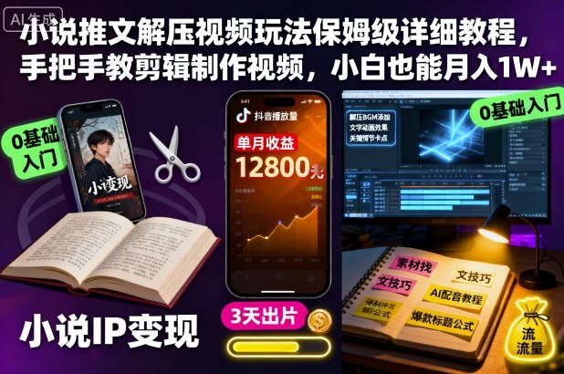 小说推文解压视频玩法保姆级详细教程，手把手教剪辑制作视频，小白也能月入1W+-课程网