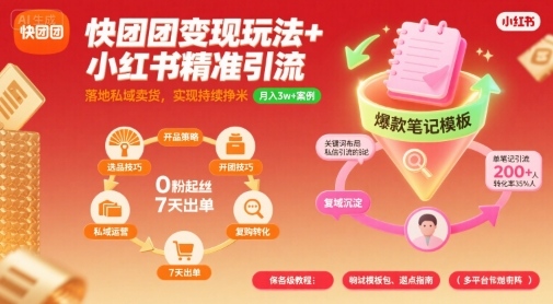 快团团变现玩法+小红书精准引流技巧，助你真正落地私域卖货，实现持续挣米-课程网