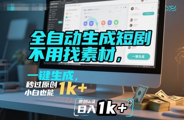 全自动生成短剧，不用找素材，不用剪辑，一键生成，秒过原创，小白也能轻松日入1k+【揭秘】-课程网