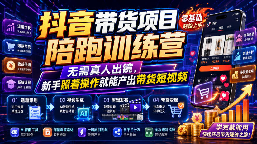 抖音带货项目陪跑训练营，无需真人出镜，新手照着操作就能产出带货短视频（更新0811）-课程网