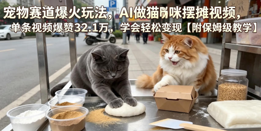 宠物赛道爆火玩法，AI做猫咪摆摊视频，单条视频爆赞32.1万，学会轻松变现【附保姆级教学】-课程网