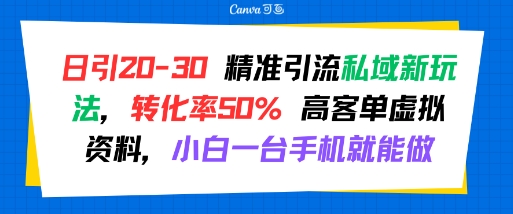 日引 20-30 精准引流私域新玩法，转化率50% 高客单虚拟资料，小白一台手机就能做-课程网