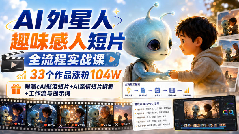 AI外星人趣味感人短片全流程实战课，33个作品涨粉104W，附赠AI催泪短片+AI亲情短片拆解+工作流与提示词-课程网