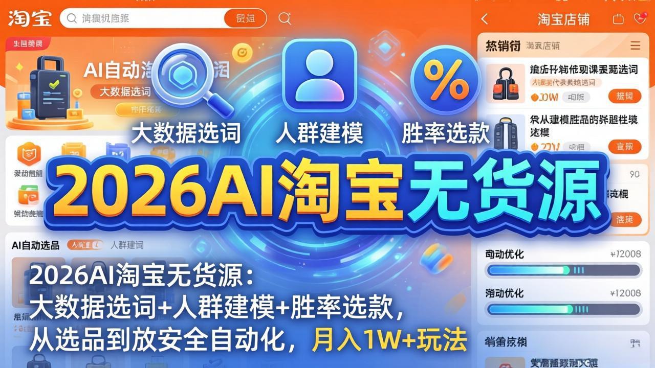 2026AI淘宝无货源：大数据选词+人群建模+胜率选款，从选品到放大全自动化，月入1W+玩法-课程网